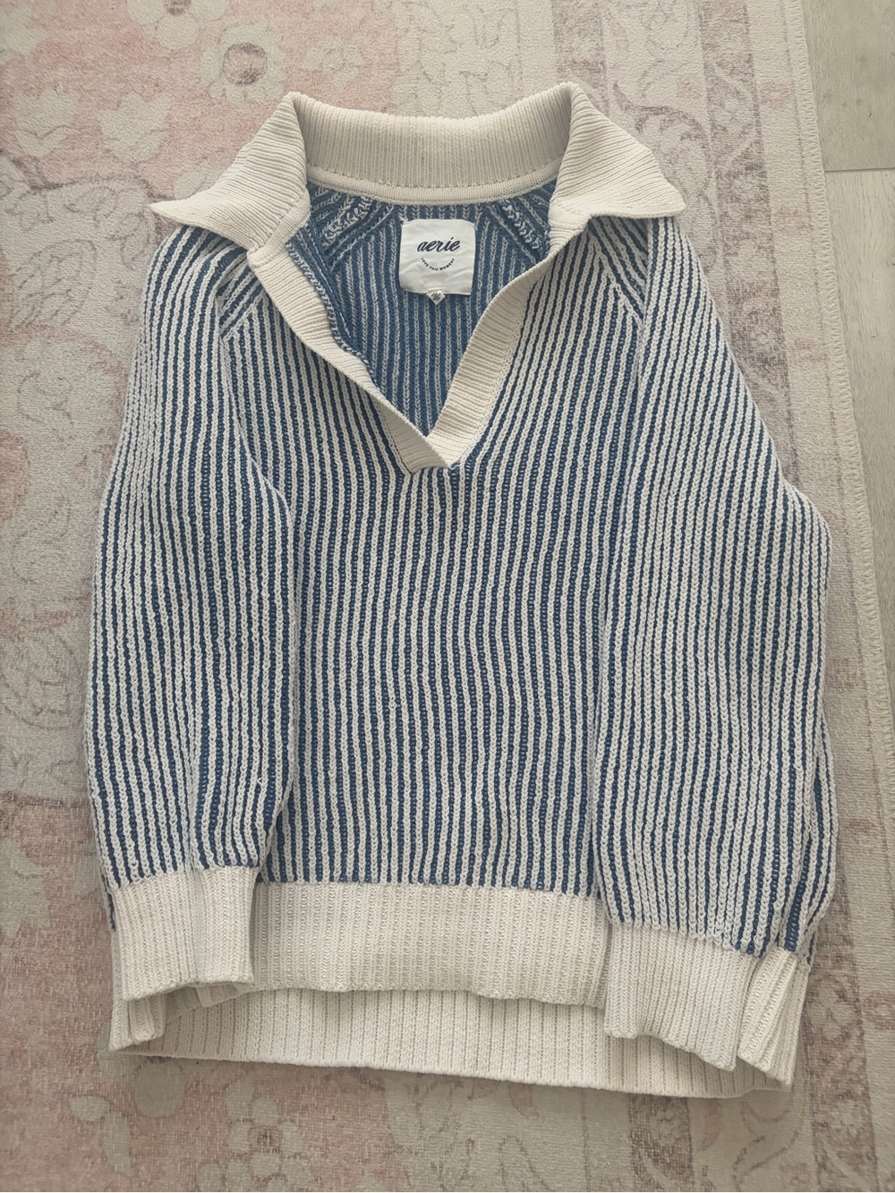 Oversized Aerie Blue & Cream Striped Collared Sweater